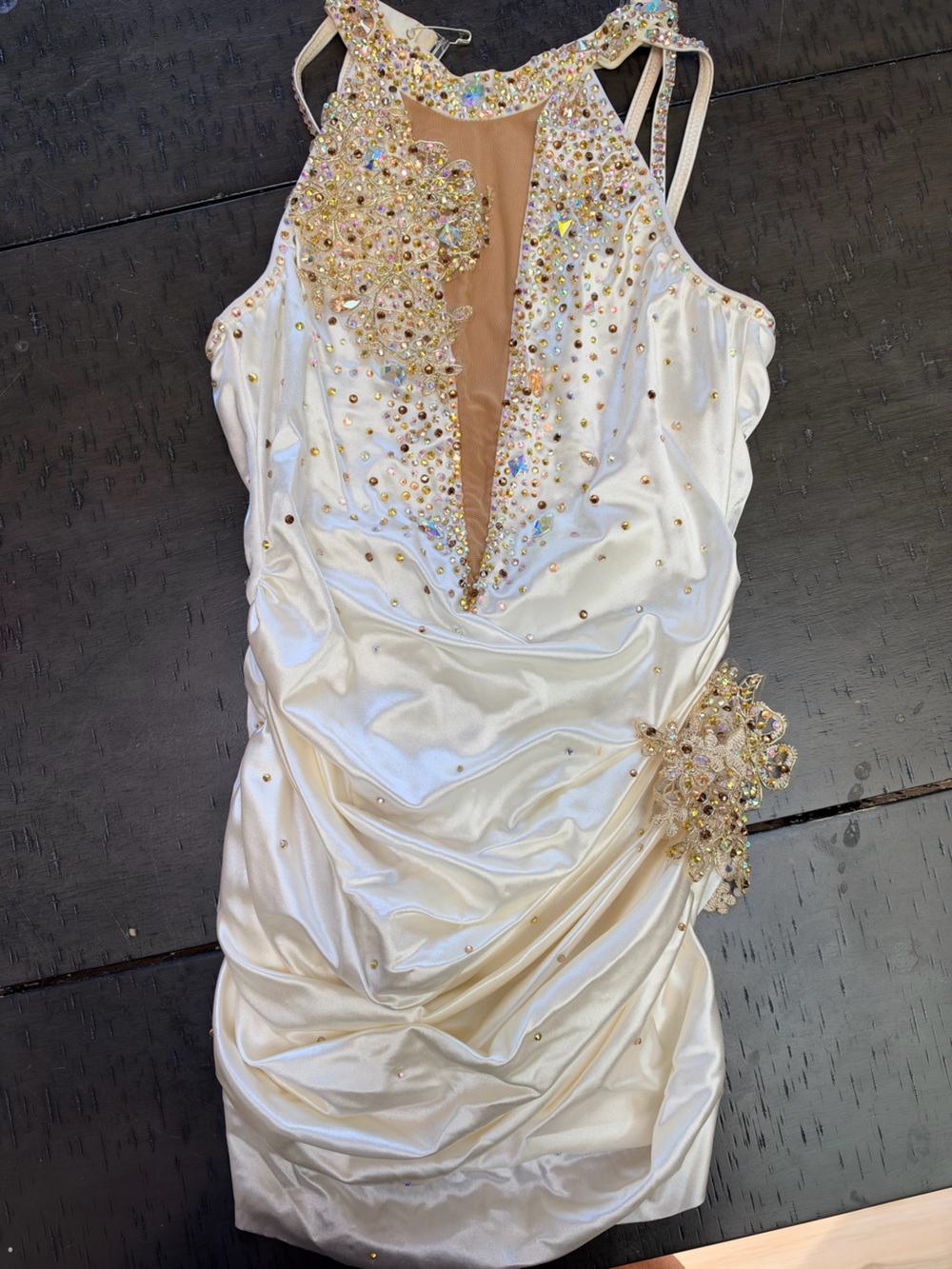 Girls Ivory Satin Dance Costume with Crystal Embellishments